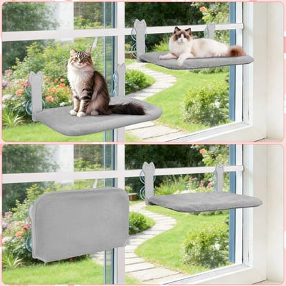 2 Pack Cat Window Perch,Cat Window Hammock Cordless Foldable Window Bed with 4 Large Strong Suction Cup,Reversible Cushion Cover,Metal Frame Easy to Adjust Window Seat Holds up to 40lbs(Gray)