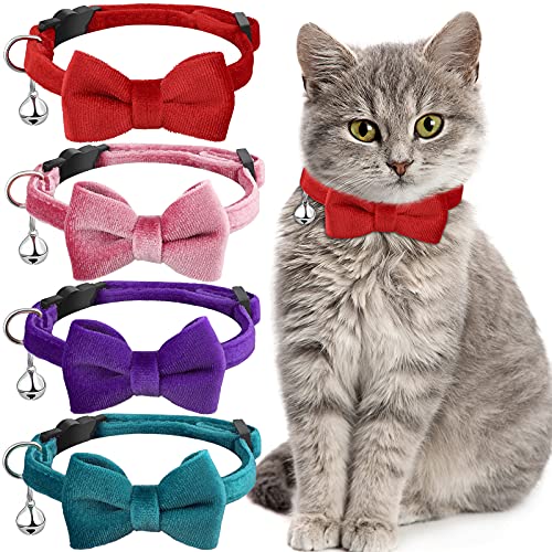 4 Pieces Cat Bow Tie Collar with Bell Breakaway Cat Comfortable Velvet with Cute Safety Pet Collar for Pet Kitten Puppy(Small,Pink, Red, Light Purple, Light Blue) - color: Pink, Red, Light Purple, Light Blue, size: Small