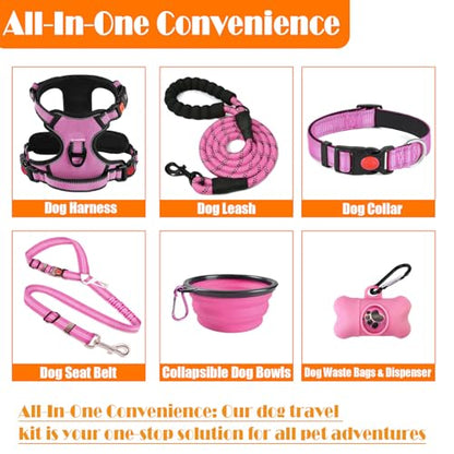 LOBEVE No Pull Dog Harness, Collar & Leash Set | Includes Dog Seat Belt, Collapsible Bowls & Poop Bag Dispenser. Ideal for Training, Walking, Hiking. Fits Small to Large Dogs(Pink-XL) - color: Pink, size: X-Large