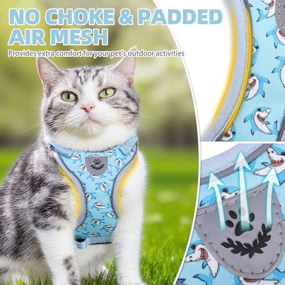 PUPTECK Cat Harness and Leash Set Escape Proof Reflective Cat Walking Harness Adjustable Soft Breathable Mesh Vest for Small Pets, Blue Sharks, S - color: Blue Sharks, size: S (NECK 9.5"-11", CHEST 13"-16")