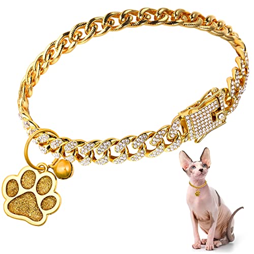 Hillban Cat Collar Diamond Chain Glitter Collar Walking Metal with Secure Buckle Cat Pet Necklace with Paw Charm and ID Tag Bell Link Cuban Jewelry Accessories Gift(10 Inch,Gold) - color: Gold, size: 10 Inch
