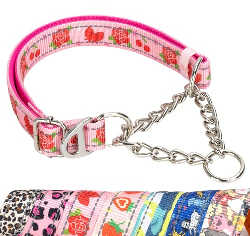 Rose Flower Pattern Martingale Collar, Reflective No-Pull Adjustable Dog Training Collar with Chain for Medium, Large & XL Breeds(Medium Rose) - color: 15, size: M(Neck12"-17")