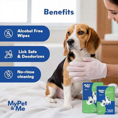 My Pet & Me Pet Glove Wipes for Dogs & Cats, Hypoallergenic No-Rinse Grooming with Olive & Jojoba Oil, Deodorizing Dog Bath Gloves & Lick-Safe Cat Wipes for Paws, Face, Ears, 6 Count Travel Pack