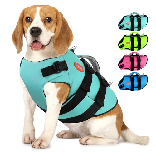 Dog Life Jacket Neoprene, High Buoyancy Dog Harness Life Vest for Swimming and Boating, Adjustable Swim Vest with Rescue Handle for Small Medium Large Dogs - color: Aquagreen, size: Large