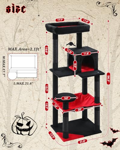 MUTTROS Gothic Cat Tree with Super Large Hammock, 56.3" Black Cat Tower with Coffin Bed, Cat Condo, Sisal Scratching Posts & Top Perch, Multi-Level Goth Cat Tree, Halloween, Black - color: Gothic Black, size: 56.3in
