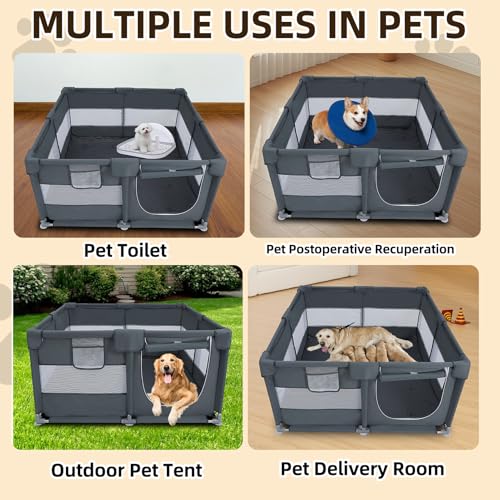 Dog Playpen Oxford Fabric Dog Fence with Washable Pee Pads,50 x 50 x 26 Inches,Steel Pipe,Breathable Mesh, Zipper Gate, Portable Indoor Outdoor Pet Fence Cage for Whelping,Dog Kennel Crate, Grey