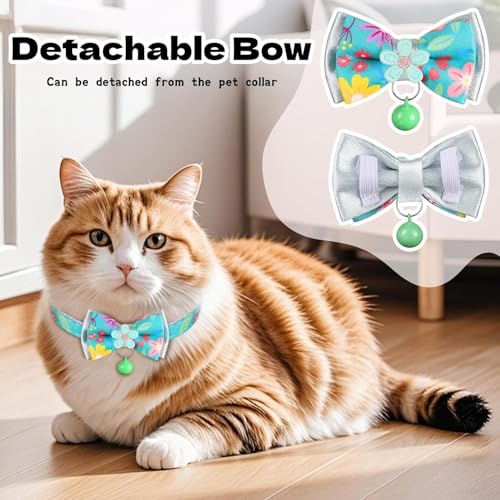 Cat Collar Breakaway, HYQHYX Floral Kitten Collar with Bell, Cute Cat Collar with Bow for Girl Boy Removable Bowtie (Pink + Green) - color: Pink + Green