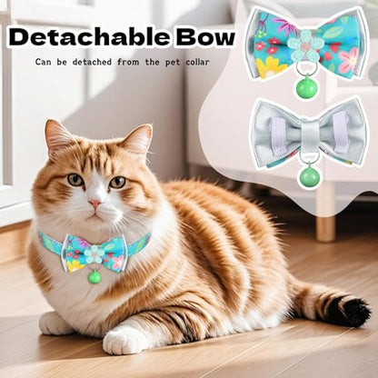 Cat Collar Breakaway, HYQHYX Floral Kitten Collar with Bell, Cute Cat Collar with Bow for Girl Boy Removable Bowtie (Pink + Green) - color: Pink + Green