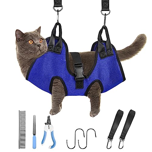 PatiencET Dog Grooming Hammock, Pet Grooming Hammock for Cats & Dogs, Dog Holder for Nail Trimming, Cat Sling for Nail Trimming with Nail Clippers/Trimmer, Nail File, Pet Comb(XS) - color: Blue, size: XS (12 LB Max)
