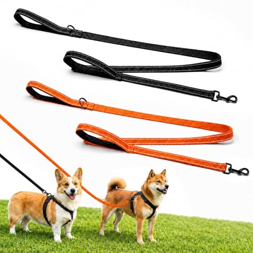 2 Pack Dual Handle Dog Leash, 6ft x 1in Heavy Duty Reflective Nylon Leash with Padded Grip, Traffic Handle, D-Ring, Tangle-Free Dog Lead for Small, Medium & Large Dogs, Safe Night Walks (Black+Orange) - color: 2PCS-Black+Orange