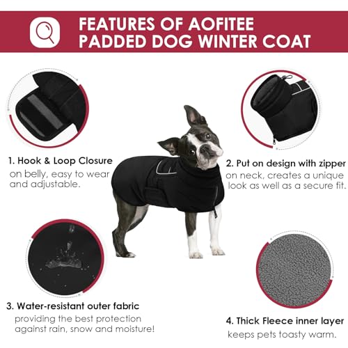 AOFITEE Dog Coat - Waterproof Dog Jacket with Harness Hole & High Collar, Warm Fleece Snow Jacket, Reflective for Small, Medium, Large Dogs - Black XL - color: Black, size: X-Large