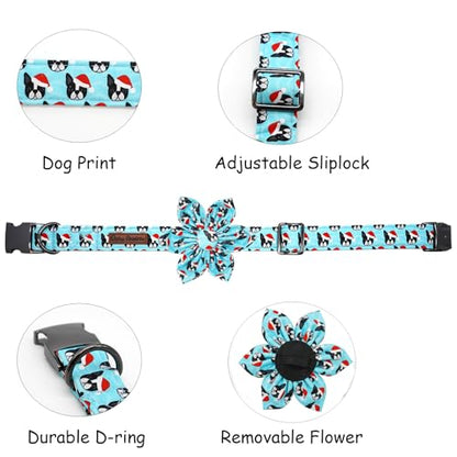 Dog Collar, Christmas Blue Pet Collar with Flower Holiday Girl Boy Puppy Collar Adjustable for X-Small Dogs - color: Dog, size: X-Small (Pack of 1)