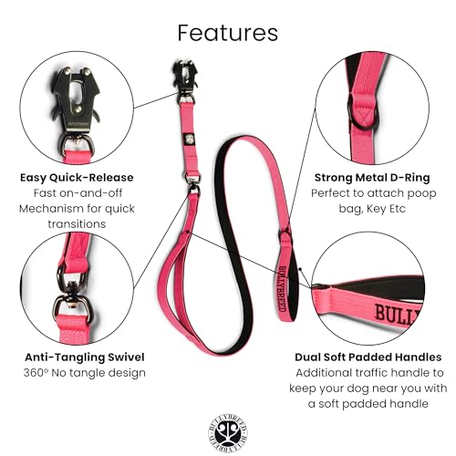 BULLYBREED | Heavy Duty Dog Leash, Tactical Dog Leash, Quick Release Frog Clip with Anti-Tangling Swivel System for Large Dogs that Pull with Soft Double Handles (5 FT Long, Hot Pink) - color: Hot Pink