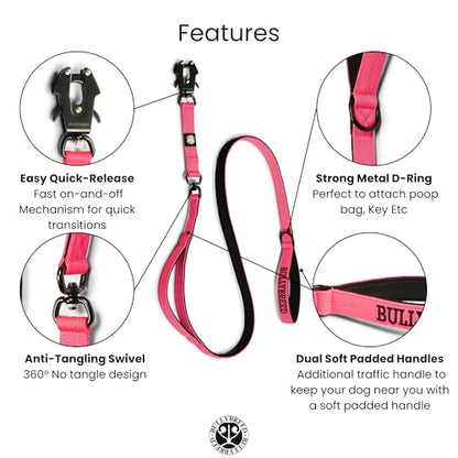 BULLYBREED | Heavy Duty Dog Leash, Tactical Dog Leash, Quick Release Frog Clip with Anti-Tangling Swivel System for Large Dogs that Pull with Soft Double Handles (5 FT Long, Hot Pink) - color: Hot Pink