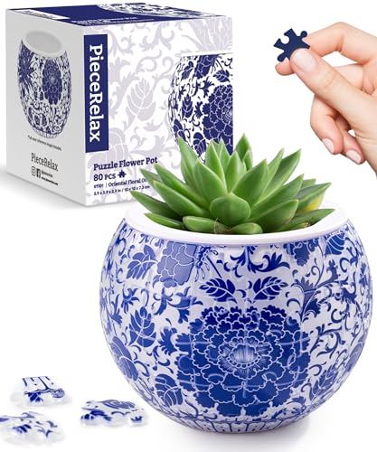 PieceRelax 3D Puzzle Planter - Oriental Floral Ornament - Small Round Plant Pots with Drainage, for Mom, Home Decor Flower Pots for Indoor Cactus, Succulents Pots [K1101] - color: Oriental Floral Ornament
