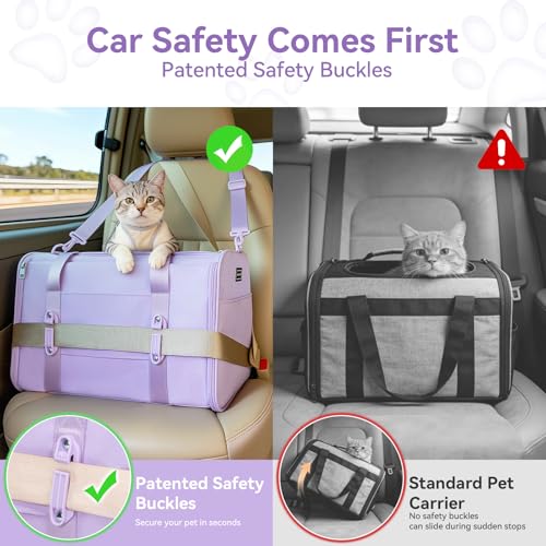 PETSFIT Soft-Sided Cat Carrier with Patented Safety Buckles, Lockable Zippers & Safety Tether,Escape-Resistant Travel Pet Carrier for Car Rides & Vet Visits, Airline Approved Under-Seat, Up to 12 lbs - color: Purple, size: Medium