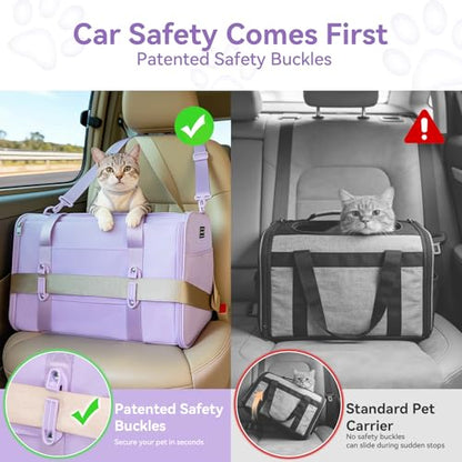PETSFIT Soft-Sided Cat Carrier with Patented Safety Buckles, Lockable Zippers & Safety Tether,Escape-Resistant Travel Pet Carrier for Car Rides & Vet Visits, Airline Approved Under-Seat, Up to 12 lbs - color: Purple, size: Medium