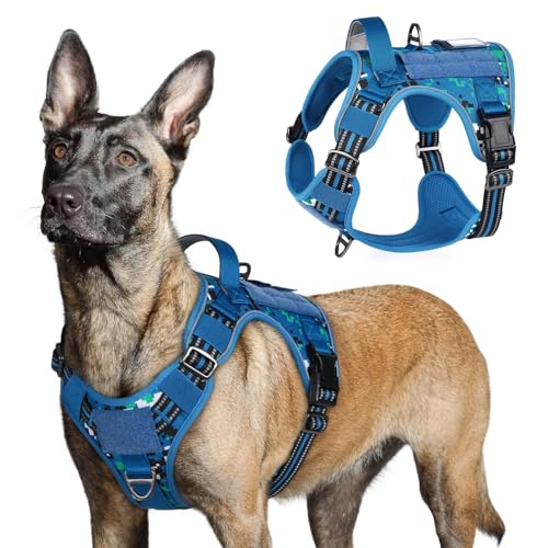 rabbitgoo Tactical Dog Harness for Large Dogs, No Pull Military Service Vest with Handle & Molle, Easy Control for Training Walking, Adjustable Reflective Straps, Blue Camo, L - color: Blue Camo, size: Large