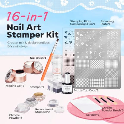 Modelones 16PCS Plaid Nail Stamping Kit – French Tip Stamper White Black Painting Gel Polish Chrome Powder Proof Matte Gel Top Coat Gingham Template Dual Nail Art Brush Summer Manicure Gift for Women - color: A A A1 Classic Plaid Elegance
