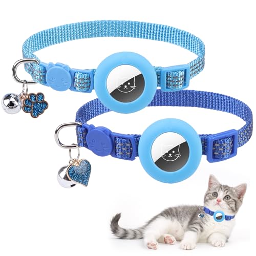 PUPTECK Airtag Cat Collar Breakaway 2 Pack with Bells, Reflective Kitten Collar with Air Tag Holder for Boy Girl Kitty and Puppies, Soft, Navy Blue & Light Blue - color: Navy Blue & Light Blue
