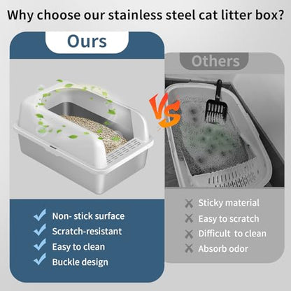 Prodigen Stainless Steel Cat Litter Box with Lid High Wall Sides Enclosure, Non-Sticky, Anti-Leakage, Easy Cleaning, with Cat Mat & Metal Scoop, 19.6" L x 14" W x 12" H