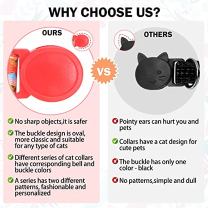 Breakaway Cat Collars for Girl Boy Cats, Fall Winter All Weather Cat Collar Personalized Pattern 2 Pack,Cute Classic Safety Buckles and Bells,Adjustable Printed Nylon Colorful Red - color: Floral Cluster