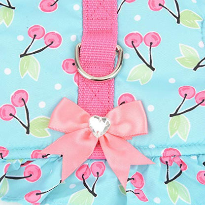 Zunea No Pull Small Dog Girl Harness Dress Escape Proof Cat Kitten Vest Harness Leash Set Step-in Soft Cotton Padded Cherry Printed Jacket Chihuahua Puppy Clothes with Bow for Walking Blue M - color: blue cherry, size: M (Chest:16.9-17.7", Neck:10.6-11.4"