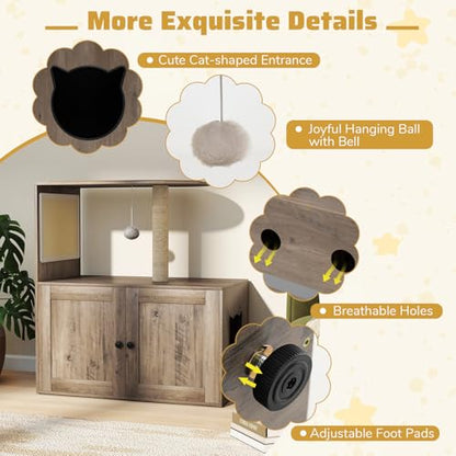 Tangkula Cat Tree with Litter Box Enclosure, Hidden Litter Box Cat Tower with Sisal Scratching Post & Mat, Dangling Ball, Vented Holes, Farmhouse Cat House Washroom (Oak Gray)