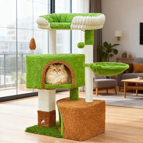 Woochpet 42-inch Cat Tree Features with Two Large Cat Cando, A Cozy Hammock, and Extra-WidetTop Watching Platform. Cat Tree Tower with Scratching Posts Suitable for All Adult Cats and Kittens - size: 60*38*106