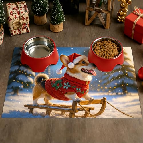HOMETITUTE Cute Winter Dog Pet Food Mat Merry Christmas Spill-Proof Pet Feeding Mat Winter Holiday Cat Water Bowl Mats 20" x 12" Christmas Pet Placemat Cat and Dog Accessories - color: Orange