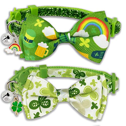 2 Pack St. Patrick's Cat Collar with Bow Tie and Bell, Kitty Kitten Breakaway Lucky Irish Shamrock Collar for Girls and Boys Male Female Cats (The Lucky One)