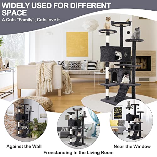 70'' Tall Multi-Level Cat Tree with Scratching Post, Platform, Condo, Tower and Funny Toy for Indoor Medium Cats - color: Dark Gray