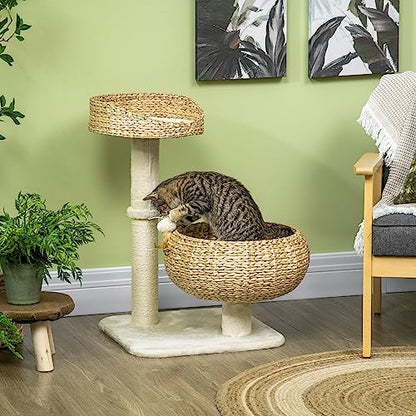 PawHut 28" Elevated Cat Bed with Sisal Scratching Post for Indoor Kitties, Modern Cat Tree with Cute Basket Design, Small Cat Tree with Fun Ball Toy
