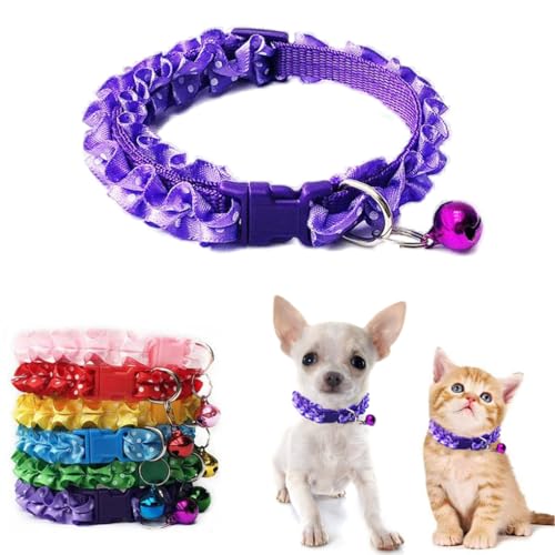 Purple Puppy Collar with Bell, Xs Dog Collar Bell Cat Collar with Bells Lace Adjustable for XXS Xs Small Pet Dogs Animal Litter Tiny Kitten Girls Female, XSmall - color: Purple, size: Neck 7.5-12.6"