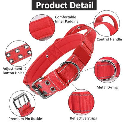 Tactical Dog Collar with Control Handle, Military Adjustable Pet Collar Reflective Heavy Metal Buckle Dog Collar, Soft Nylon Training Collar for Medium Large Dogs (Red, Medium) - color: Red, size: Medium