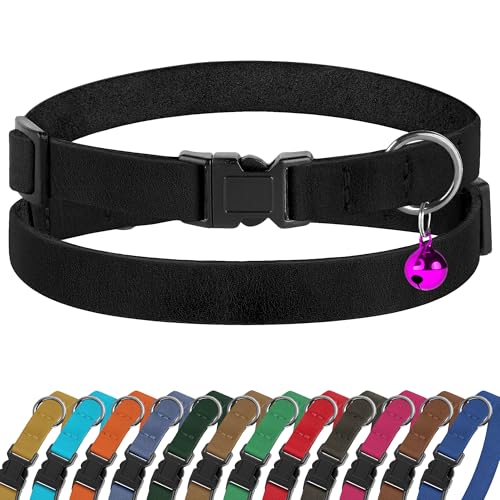 Breakaway Cat Collar Leather with Removable Bell - 13 Colors Available - Soft Adjustable Girl Boy Safety Lightweight Pet Kitten Collars Pink Brown Blue Green Red Orange Black (Black) - color: Black