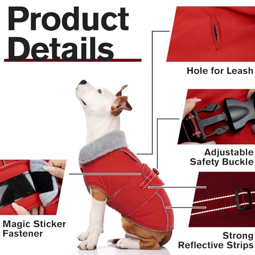 Lelepet Warm Dog Coat Waterproof Dog Jacket Reflective Fleece Vest with Adjustable Buckle Hook & Loop, Windproof Winter Jacket Dogs Coats for Small Medium Large Dogs, Red, S - color: Red, size: S