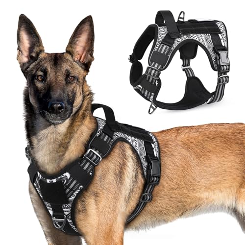 rabbitgoo Tactical Dog Harness for Large Dogs, No Pull Military Service Vest with Handle & Molle, Easy Control for Training Walking, Adjustable Reflective Straps, Black & White Geometric, XL - color: Black & White Geometric, size: X-Large