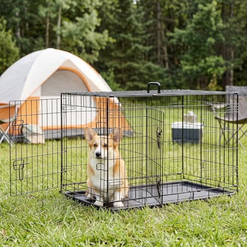 Sweetcrispy 36 Inch Dog Crate, Medium Crates Double Door Folding Metal Wire Dog Cage with Plastic Leak-Proof Pan Tray, Pet Kennel for Indoor, Outdoor, Travel - size: 36.6"L x 22.6"W x 24.2"H, style: Double Door
