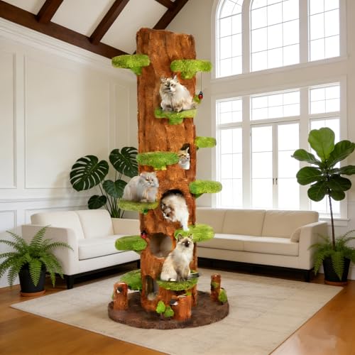 KAMABOKO 91" Tall Cat Tree for Indoor Cats - Large Cat Tower with 6 Luxury Cat Condo, Soft Cushion, Scratching Board, Plush Platform & Top Perch, Magic Forest Series, Green - size: 91"h