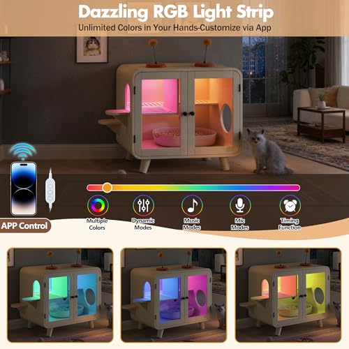 Merax Cat Hidden Litter Box Enclosure with RGB LED Light – Retro TV-Style Cat House Cabinet with Stairs, Pom-Pom Toys, Litter Leak Walkway & Glass Doors for Living Room,Beige - color: Beige
