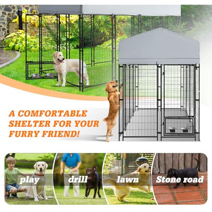 8x4x6 FT Outside Large Dog Kennel with roof - Outdoor Heavy Duty Welded Wire Steel Dog Playpen with Rotating Bowls, Dog Run Enclosure Crate Cage with Lockable Doors for Chicken, Rabbit