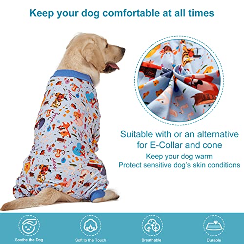 LovinPet Pajamas for Big Dogs, Pet Anxiety Relief, Sun Protection Dog Pajamas, Lightweight Stretchy Knit Fabric, Woodland Musicians Print, PJ's for Dogs, Stop Shedding for Dogs, Pet PJ's, L - size: Large