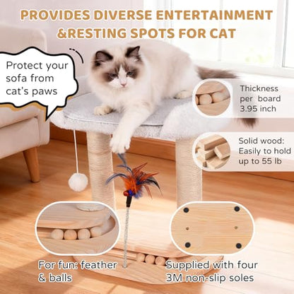 5-in-1 Small Wooden Cat Tree Tower,16.5''H Natural Sisal Cat Scratching Post Climbing Tower with Bed,Interactive Cat Feather Toy,Ball Track Toy for Kittens and Indoor Cats,White - style: Double-layer