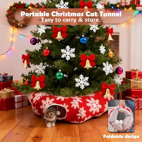 Cat Tunnel Christmas Tree Skirt,Christmas Tree Cat Tunnel for Indoor Cats,Cat Tunnels Tree Skirt,Soft Peekaboo Hideway Bed Cave Donut Toys Circle Tunnels for Kittens & Large Cats (Red) - color: Red
