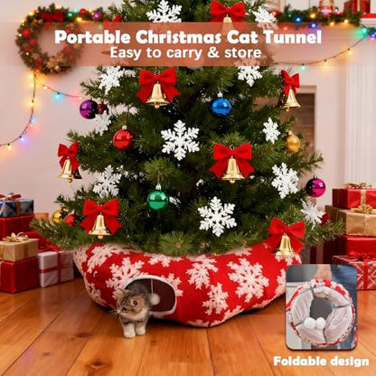 Cat Tunnel Christmas Tree Skirt,Christmas Tree Cat Tunnel for Indoor Cats,Cat Tunnels Tree Skirt,Soft Peekaboo Hideway Bed Cave Donut Toys Circle Tunnels for Kittens & Large Cats (Red) - color: Red