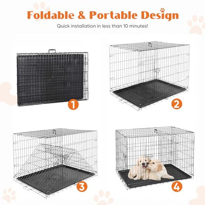 Sweetcrispy Dog Crate, 48 Inch Double Door Folding Metal Wire Dog Cage with Plastic Leak-Proof Pan Tray, Extra Large Pet Kennel for Indoor, Outdoor, Travel - size: 48.4"L x 30.0"W x 31.3"H, style: Double Door