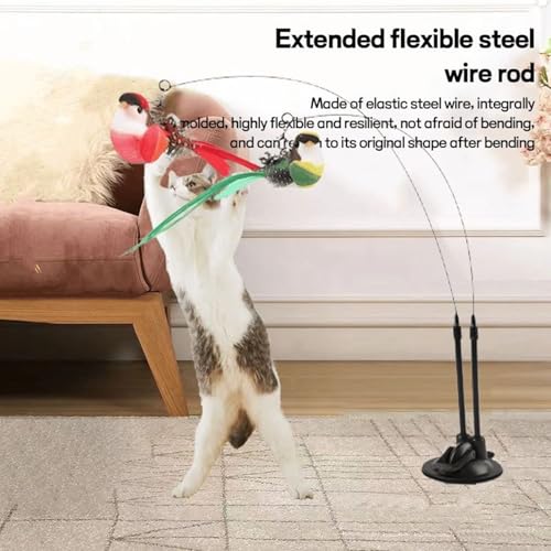 Cat Wand Toy, Suction Cup Interactive Teaser, 2-in-1 Feature with Simulated Chirping Bird for Teething and Foraging, Cat Play Wand with Engaging Design, Teaser Toy for Calming and Training