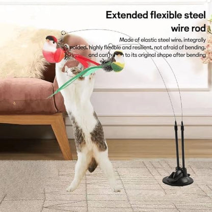 Cat Wand Toy, Suction Cup Interactive Teaser, 2-in-1 Feature with Simulated Chirping Bird for Teething and Foraging, Cat Play Wand with Engaging Design, Teaser Toy for Calming and Training