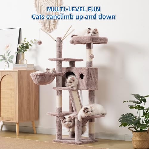 Hey-brother Cat Tree, 53 inch Cat Tower for Indoor Cats, Cat House with Padded Platform Bed, Toy Balls, Large Cozy Condo, Hammocks and Sisal Scratching Posts, Muchroom MPJ019-SMU - color: Muchroom